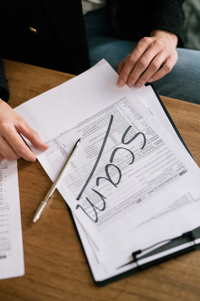Close-up of hands on tax form with scam written, highlighting tax fraud.